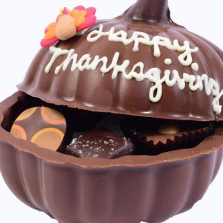 Happy Thanksgiving truffle filled chocolate pumpkin.